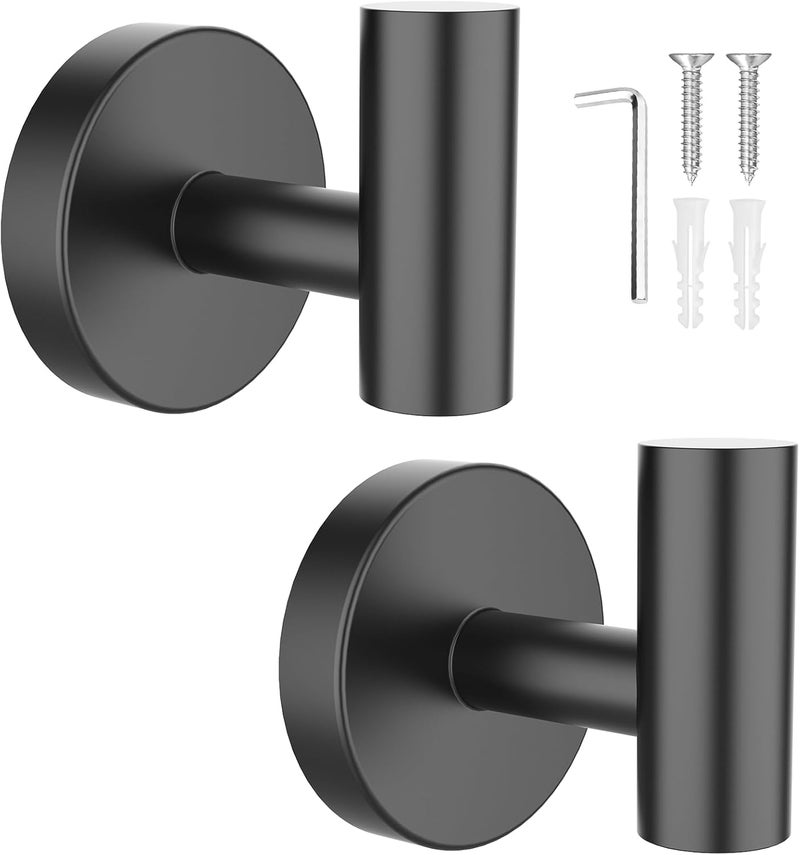 SetSail Towel Hooks for Bathrooms 2 Packs Screw-in Matte Black Bathroom Towel Hook Wall Mounted Stainless Steel Shower Towel Hooks for Coat Hanging, Drilling Hole - Image 1